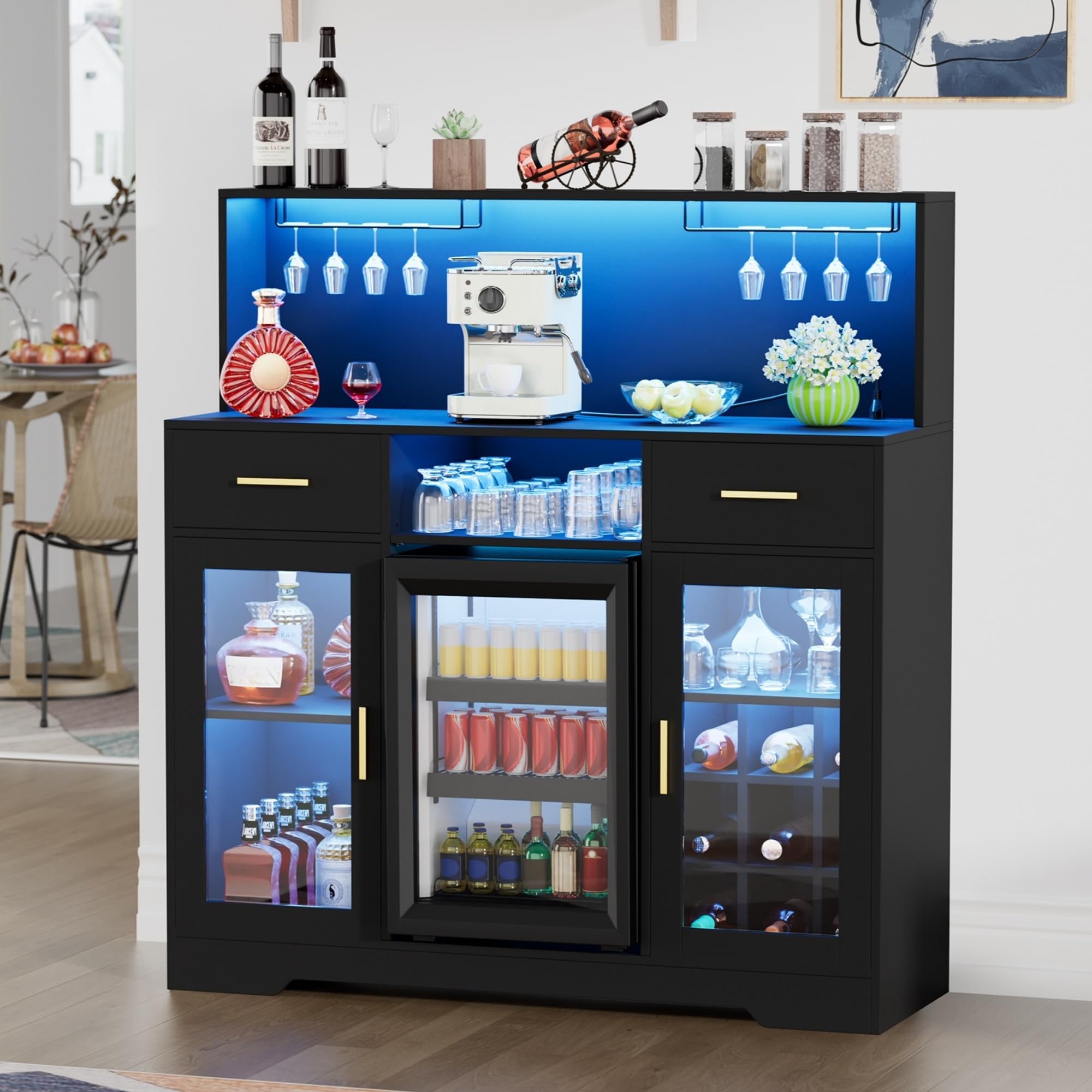 Home Bar And Cabinet - 収納付きミニ冷蔵庫キャビネット、LEDライトと電源コンセント付き家庭用ワインバーキャビネット、ミニ付きコーヒーバーキャビネット