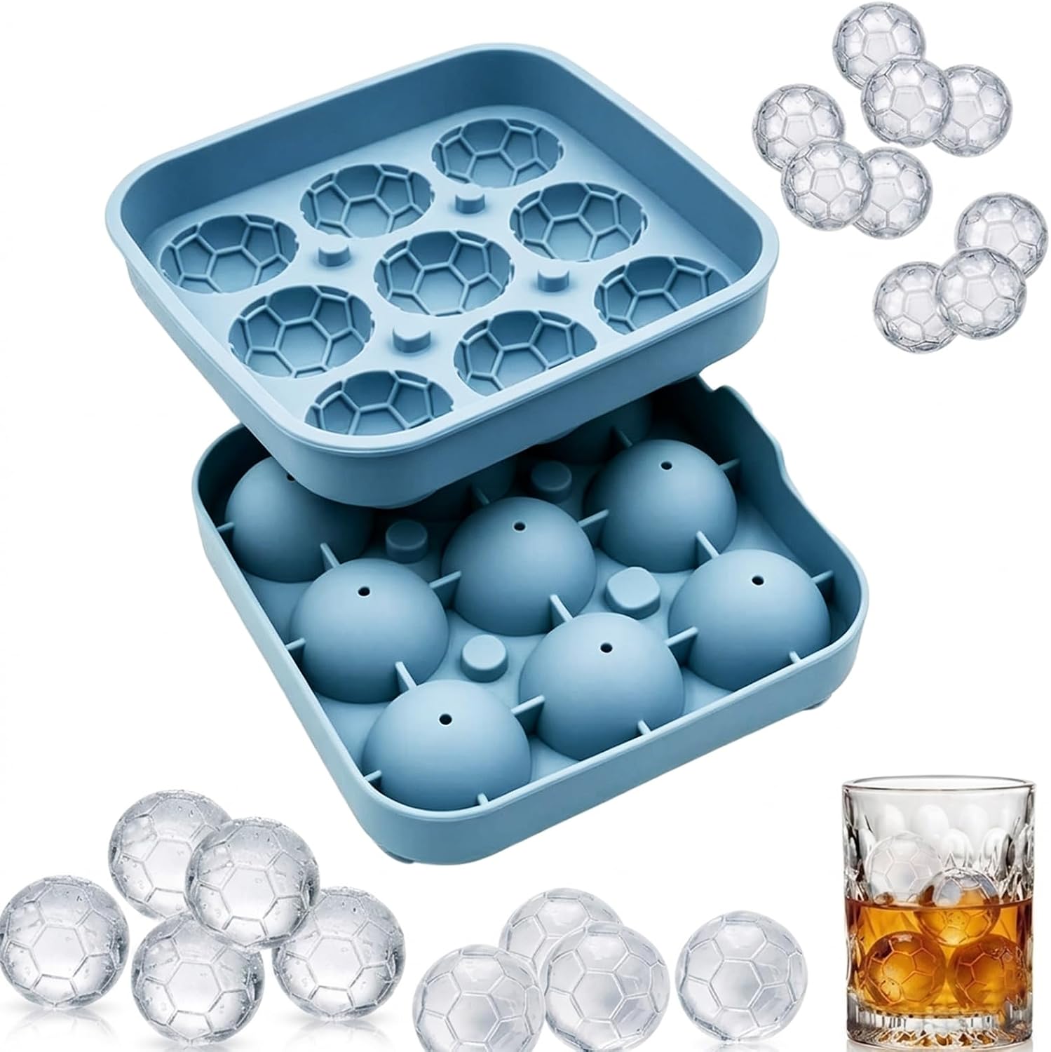 Ice Mold Sphere - サッカーボール型製氷皿、9/4個取りシリコン製フットボール型製氷皿、再利用可能なスポーツ用製氷器、試合日パーティー用品