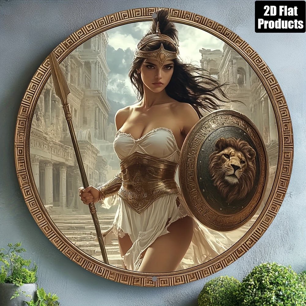Home Bar Accessories - ヴィンテージギリシャ戦士ラウンドアルミニウムウォールアート8x8インチ防水耐久性のある金属装飾品バー、キッチン、カフェ、ホームオフィス用